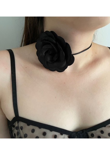 Bağcıklı Kumaş Çiçek Choker Kolye Gül Kolye