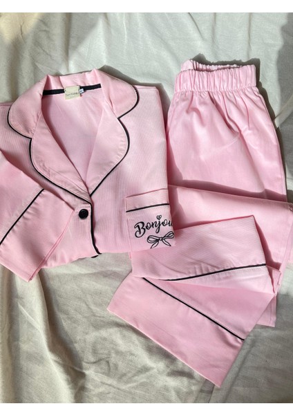 Pembe Bonjour Nakışlı Dokuma Fitilli Pijama Takımı