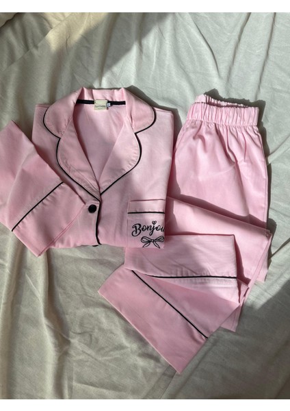 Pembe Bonjour Nakışlı Dokuma Fitilli Pijama Takımı