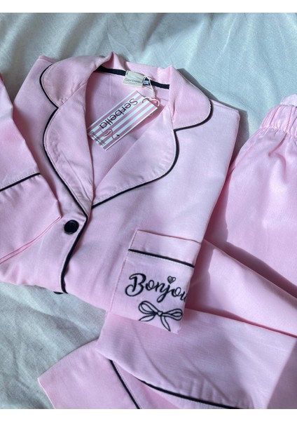 Pembe Bonjour Nakışlı Dokuma Fitilli Pijama Takımı