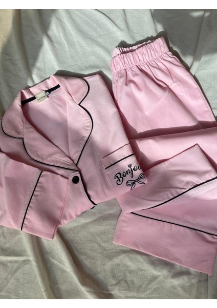 Pembe Bonjour Nakışlı Dokuma Fitilli Pijama Takımı