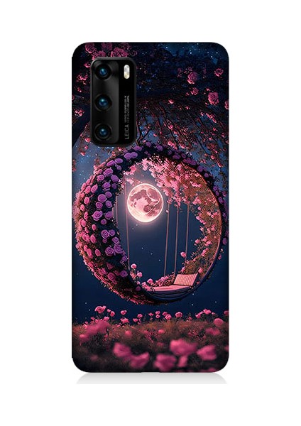 Huawei P40 Uyumlu Ay ve Kalp Desenli Silikon Kılıf