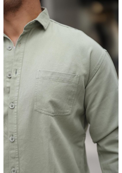 Tek Cepli Oversize Gabardin Kumaş Erkek Gömlek - Açık Yeşil