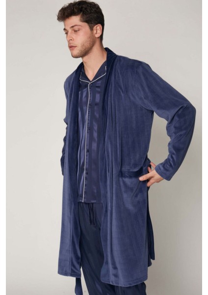57431 Erkek Lacivert Kadife Uzun Sabahlık modelleri