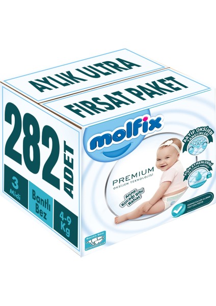 Premium Bebek Bezi Beden:3 4-9 kg Midi 282 Adet Aylık Ultra Fırsat Paketi