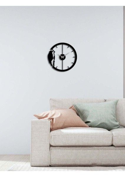 Ağaçkakan Metal Duvar Saati -Ev Dekorasyon - 42 X 42 - Cm - Siyah - Clock-188