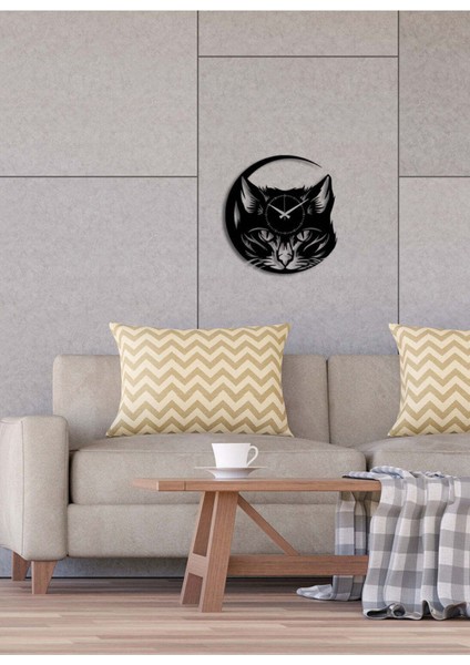 Alfa Kedi Metal Duvar Saati -Ev Dekorasyon - 45 X 40 - Cm - Siyah - Clock-164