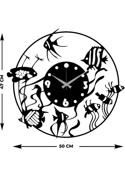 Aquarium Metal Duvar Saati -Ev Dekorasyon - 50 X 47 - Cm - Siyah - Clock-225