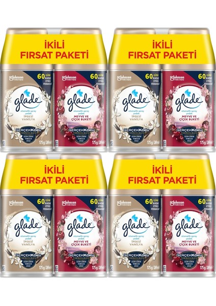 Oda Kokusu Otomatik Sprey Yedek 269ml (8 Li Set) Ipeksi Vanilya ve Meyve Çiçek Buketi (4pk*2)
