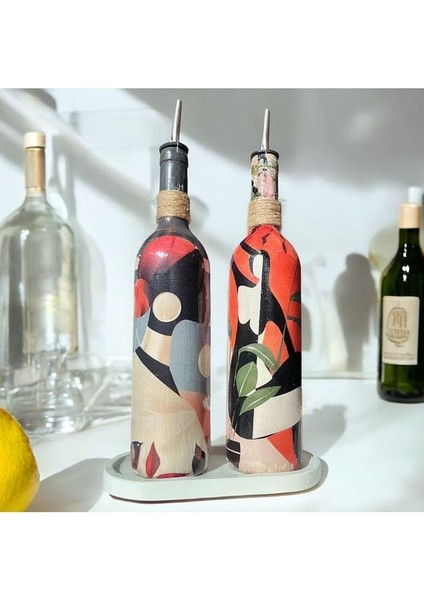 Yerli Kadın Desenli Yağdanlık Seti, Sosluk ve Sirkelik Seti, 750 ml Zeytinyağı Sıvıyağ Şişesi Set
