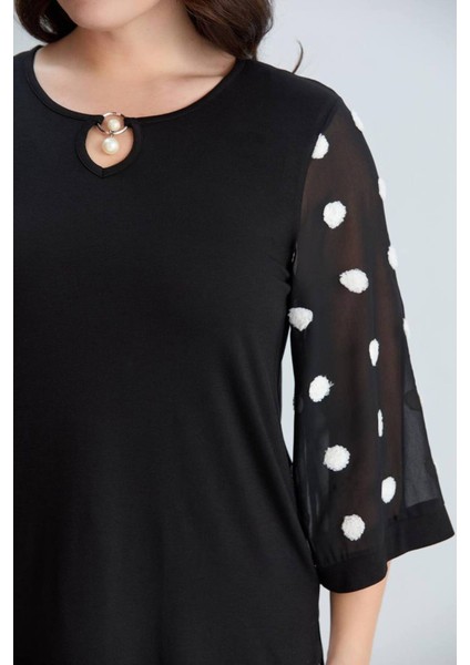 For Esra Big Trend Kadın Kabartma Puantiye Desen Yaka Oyuk Inci Aksesuar Geniş Truvakar Tül Kol Esnek Viskon Bluz modelleri