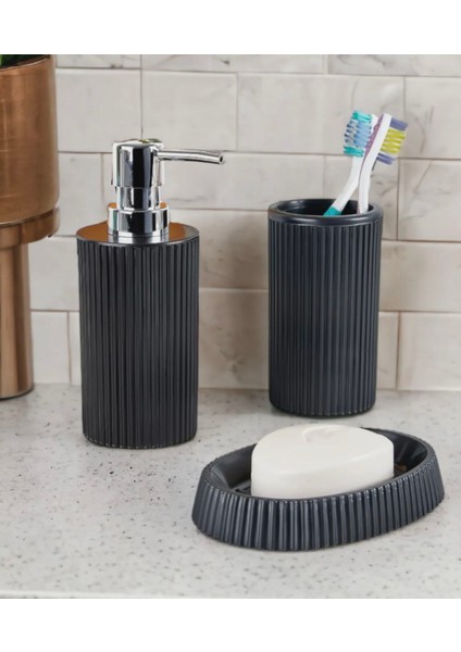 3'lü Plastik Banyo Aksesuar Seti,sıvı ve Katı Sabunluk,diş Fırçalık Set, Antrasit Renk fiyatları