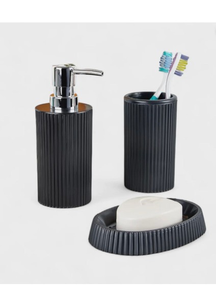 3'lü Plastik Banyo Aksesuar Seti,sıvı ve Katı Sabunluk,diş Fırçalık Set, Antrasit Renk modelleri