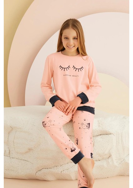Zeyzey 8440 Pudra Renk Kız Çocuk Baskılı Pijama Takımı modelleri