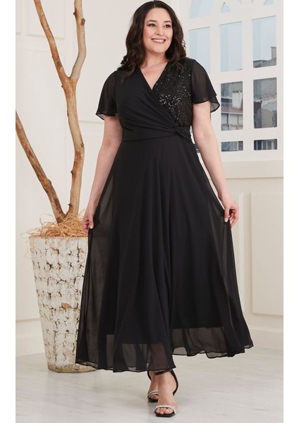 For Esra Big Trend Kadın Kruvaze Yaka Üst Blok Payet Bel Detay Astarlı Yan Fermuar Kapama Şifon Maxi Abiye Elbise