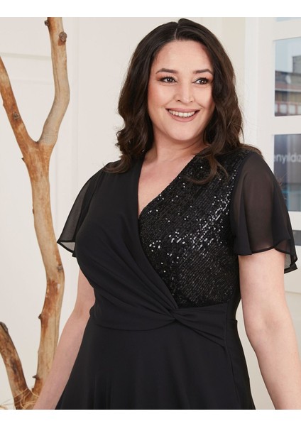 For Esra Big Trend Kadın Kruvaze Yaka Üst Blok Payet Bel Detay Astarlı Yan Fermuar Kapama Şifon Maxi Abiye Elbise modelleri