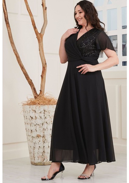 For Esra Big Trend Kadın Kruvaze Yaka Üst Blok Payet Bel Detay Astarlı Yan Fermuar Kapama Şifon Maxi Abiye Elbise fırsatları