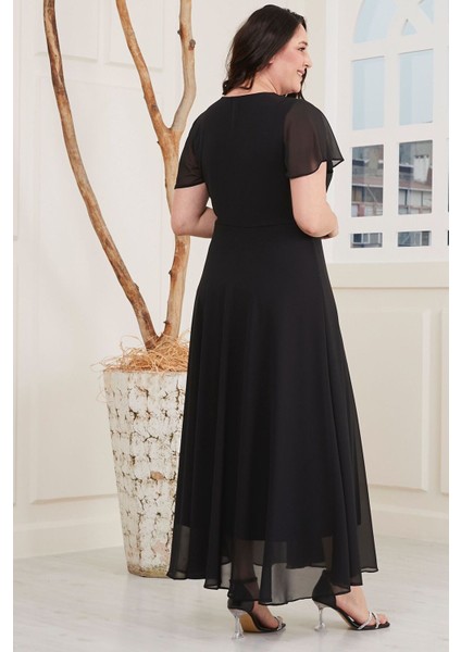 For Esra Big Trend Kadın Kruvaze Yaka Üst Blok Payet Bel Detay Astarlı Yan Fermuar Kapama Şifon Maxi Abiye Elbise indirimleri