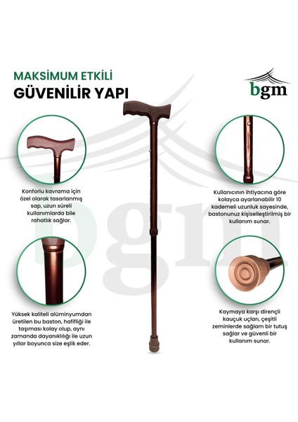 Baston Ayarlanabilir Denge Bastonu - Kahverengi - Asa Alüminyum Yüksek Kalite