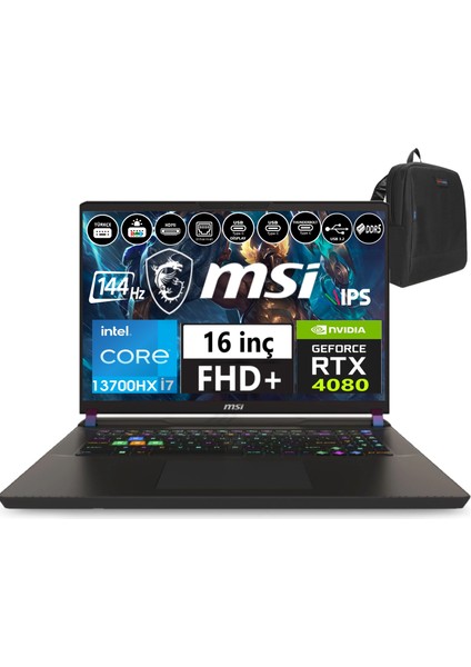 Msı Nb Vector 16 Hx Intel I7 13700HX 96GB Ddr5 4tb SSD 12GB/RTX4080 175W WINDOWS11PRO 16" 144Hz Fhd+ Taşınabilir Bilgisayar A13VHG-495TRW60+WEBLEGELSINÇANTA