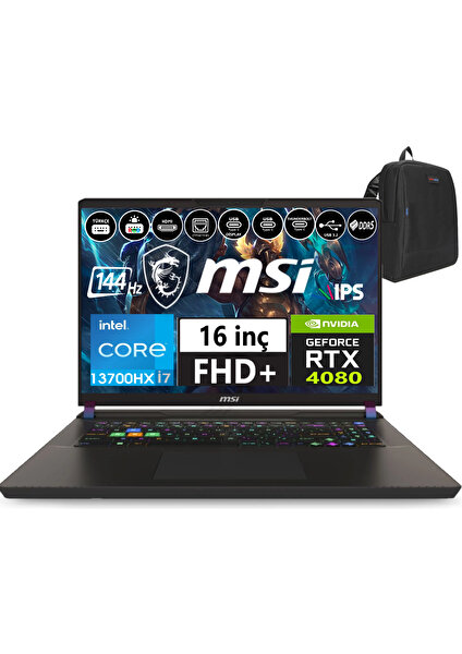 Msı Nb Vector 16 Hx Intel I7 13700HX 32GB Ddr5 4tb SSD 12GB/RTX4080 175W WINDOWS11PRO 16" 144Hz Fhd+ Taşınabilir Bilgisayar A13VHG-495TRW48+WEBLEGELSINÇANTA