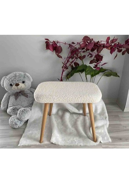 Ahşap Ayaklı Tedy Kumaş Dekoratif Puf Bench Makyaj Sandalyesi Oval