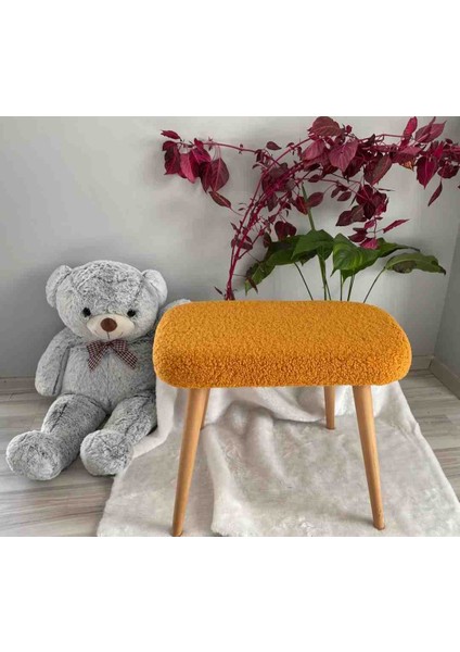 Ahşap Ayaklı Tedy Kumaş Dekoratif Puf Bench Makyaj Sandalyesi Oval
