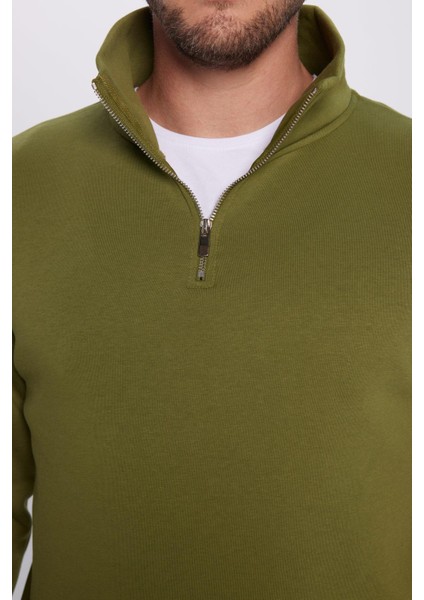 Unisex Relax Fit Rahat Kesim Pamuklu Içi Polarlı Yarım Fermuarlı Haki Dik Yaka Sweatshirt fırsatları