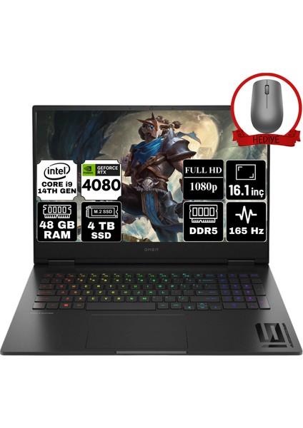 Hp Omen 16 Intel Core I9-14900HX 48GB 4tb SSD RTX4080/12GB 16.1" 165Hz Fhd Windows 11 Pro Taşınabilir Bilgisayar 9J2A5EA-A88 & Anzar Mouse