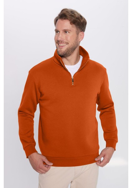 Unisex Relax Fit Rahat Kesim Pamuklu Içi Polarlı Yarım Fermuarlı Kiremit Renk Dik Yaka Sweatshirt fiyatları
