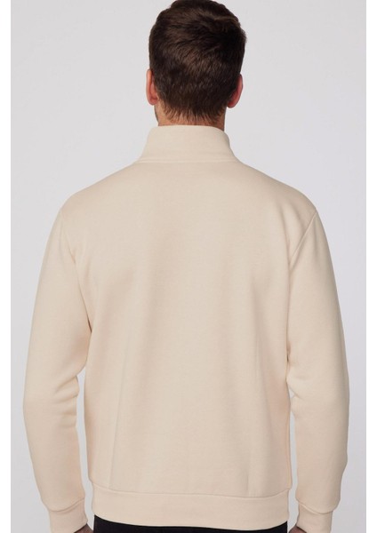 Relax Fit Rahat Kesim Pamuklu Içi Polarlı Yarım Fermuarlı Ekru Dik Yaka Sweatshirt indirimleri