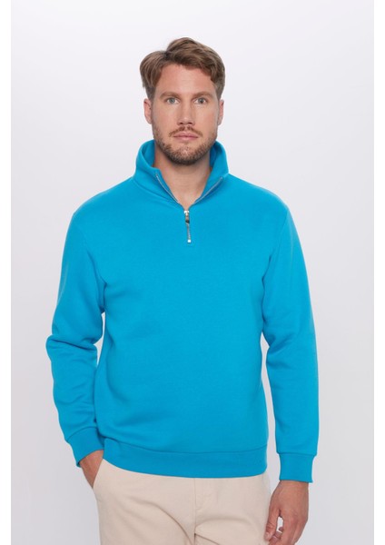 Relax Fit Rahat Kesim Pamuklu İçi Polarlı Yarım Fermuarlı Turkuaz Dik Yaka Sweatshirt