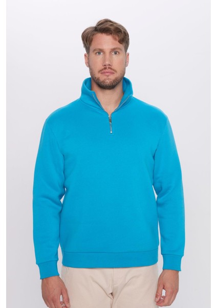 Relax Fit Rahat Kesim Pamuklu İçi Polarlı Yarım Fermuarlı Turkuaz Dik Yaka Sweatshirt fiyatları