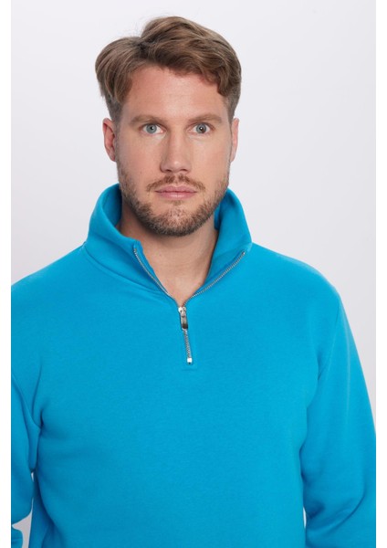Relax Fit Rahat Kesim Pamuklu İçi Polarlı Yarım Fermuarlı Turkuaz Dik Yaka Sweatshirt modelleri