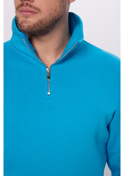 Relax Fit Rahat Kesim Pamuklu İçi Polarlı Yarım Fermuarlı Turkuaz Dik Yaka Sweatshirt fırsatları