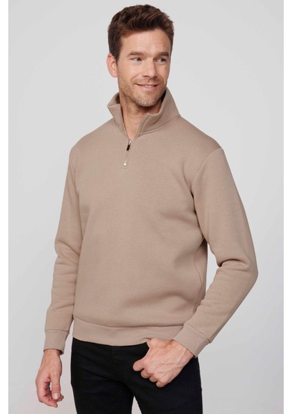 Unisex Relax Fit Rahat Kesim Pamuklu Içi Polarlı Yarım Fermuarlı Taş Renk Dik Yaka Sweatshirt