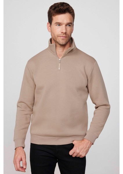 Unisex Relax Fit Rahat Kesim Pamuklu Içi Polarlı Yarım Fermuarlı Taş Renk Dik Yaka Sweatshirt fiyatları