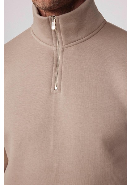Unisex Relax Fit Rahat Kesim Pamuklu Içi Polarlı Yarım Fermuarlı Taş Renk Dik Yaka Sweatshirt fırsatları