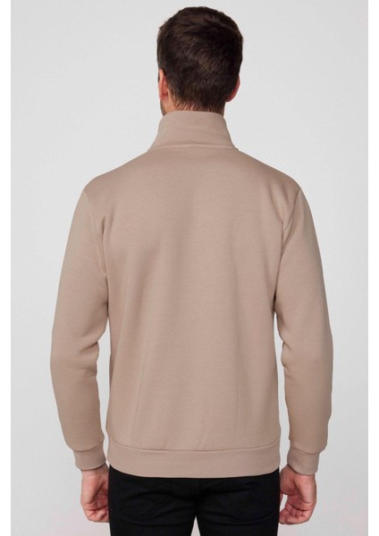 Unisex Relax Fit Rahat Kesim Pamuklu Içi Polarlı Yarım Fermuarlı Taş Renk Dik Yaka Sweatshirt indirimleri