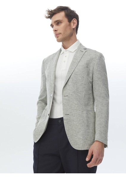 Açık Haki Mikro Fitted Fit Keten Karışımlı Ceket
