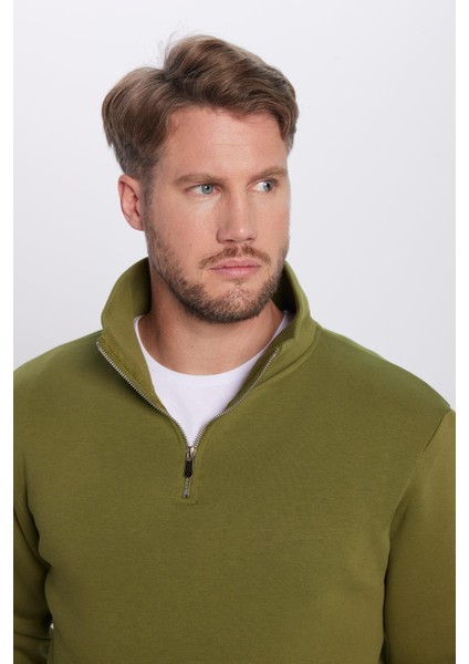 Unisex Relax Fit Rahat Kesim Pamuklu İçi Polarlı Yarım Fermuarlı Haki Dik Yaka Sweatshirt modelleri