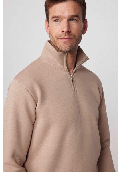 Unisex Relax Fit Rahat Kesim Pamuklu Içi Polarlı Yarım Fermuarlı Taş Renk Dik Yaka Sweatshirt modelleri