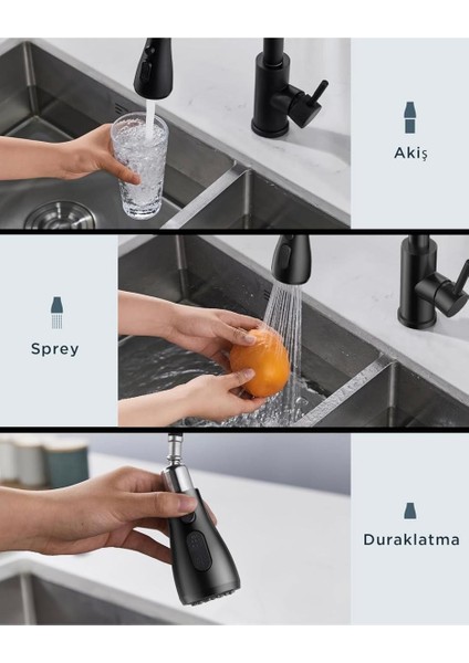 Spiralli Evye Musluğu Çekmeli Uzayan Sistem Mat Siyah Mutfak Bataryası