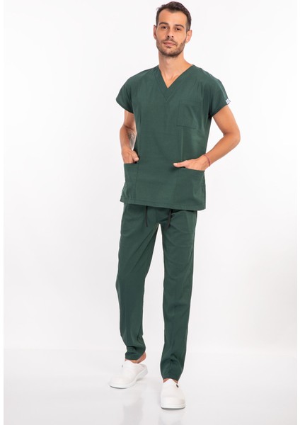 Ördekbaşı Yeşili Pamuk Likralı Scrubs Cerrahi Üniforma Doktor Hemşire Takımı