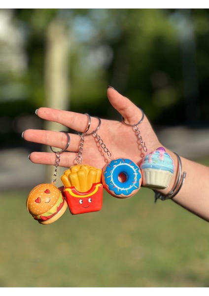 Pofuduk Anahtarlık Donut - Hamburger - Patates - Kek Anahtarlık Dörtlü 4'lü Set modelleri
