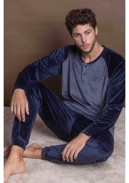 62767 Erkek Lacivert Kadife Pijama Takımı