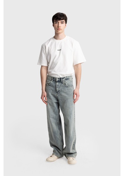 Işlemeli Baggy Jean - Mavi