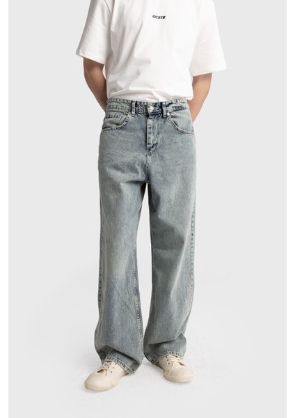 Işlemeli Baggy Jean - Mavi