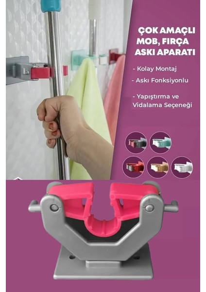 Paspas Süpürge Fırça ve Mop Askısı Sap Tutucu Mutfak ve Banyo Askısı (Üçlü)