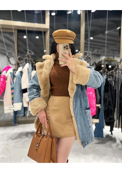 Leksa Uzun Içi Kürklü Kot Mont Camel